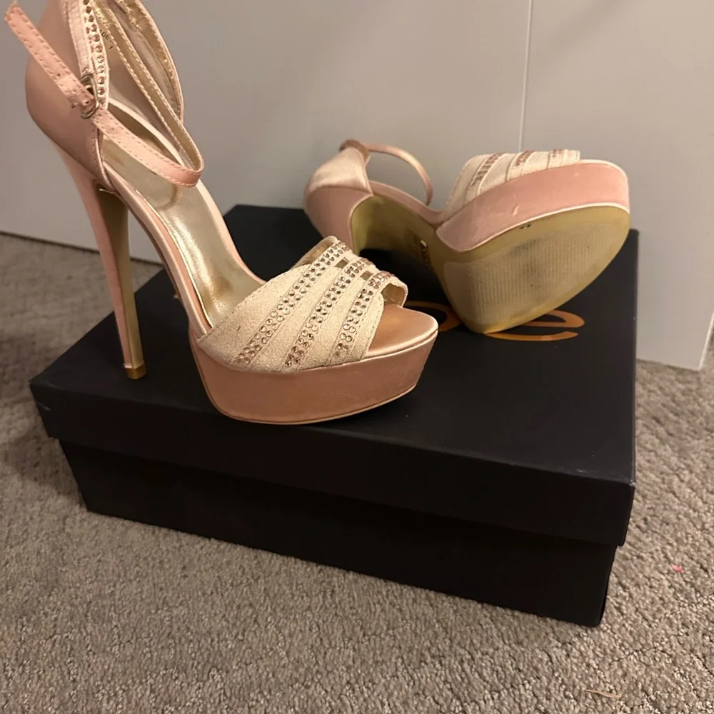 bebe Blush Pink Platform Peep-Toe Ankle Strap Heels